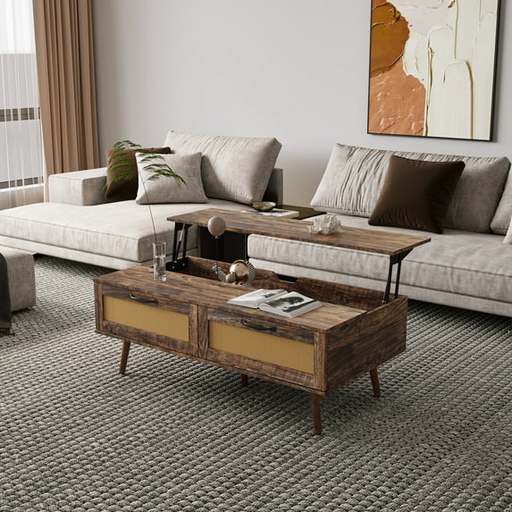 Lift Top Coffee Table with Natural Rattan Drawers,Mid Century 2-Tier Center Table with Hidden Compartment & Wooden Lift Tabletop,Modern Rectangular Wood Cocktail Table for Living Room,Office