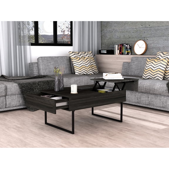 Lift Top Coffee Table in Onyx Finish | Lift Top for Hidden Storage in Home | Durable Particle Board and Metallic Legs | Solves the Issue of Cluttered Living Spaces