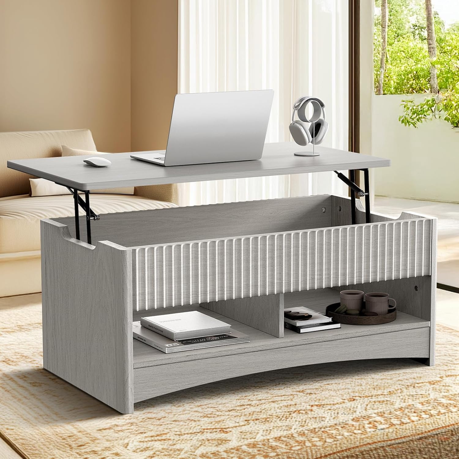 Lift Top Coffee Table with Open & Hidden Storage, Modern Fluted Coffee ...