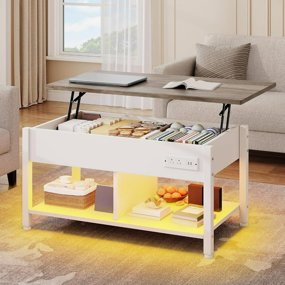 Lift Top Coffee Table with RGB Light, 3-in-1 Coffee Table with Power Outlets, Hidden & Open Storage, Adjustable Height, Wooden Dining Table for Living Room, Home Office