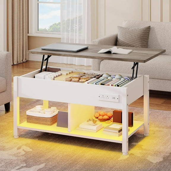 Lift Top Coffee Table with RGB Light, 3-in-1 Coffee Table with Power Outlets, Hidden & Open Storage, Adjustable Height, Wooden Dining Table for Living Room, Home Office