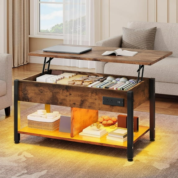Lift Top Coffee Table with RGB Light, 3-in-1 Coffee Table with Power Outlets, Hidden & Open Storage, Adjustable Height, Wooden Dining Table for Living Room, Home Office