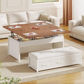 Lift Top Coffee Table Set, 43'' Multi-Function Coffee Table with Storage Drawers and Hidden Compartment, Center Table with Ottoman Bench for Living Room, White