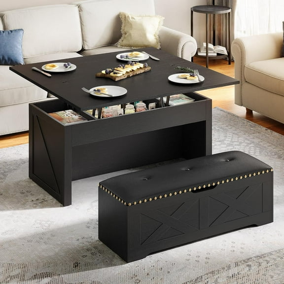Lift Top Coffee Table Set with Storage Ottoman Bench & Wheels, 4 in 1 Convertible Dinning Center Tables with Hidden Compartment, Farmhouse Coffee Tables for Living Room Furniture, Black