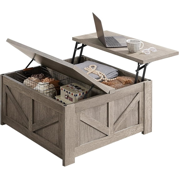 Lift Top Coffee Table, Square Farmhouse Coffee Table with Hidden Storage Compartment, Wood Center Table for Living Room, Home Office, Gray