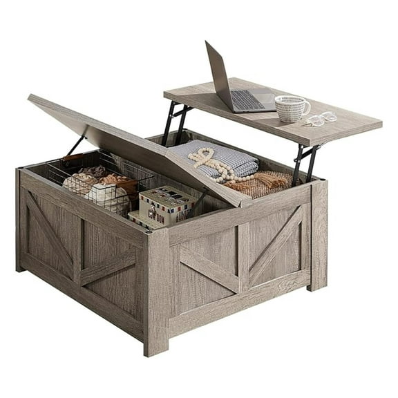 Lift Top Coffee Table, Square Farmhouse Coffee Table with Storage Compartment, Wood Center Table for Living Room, Home Office, Gray