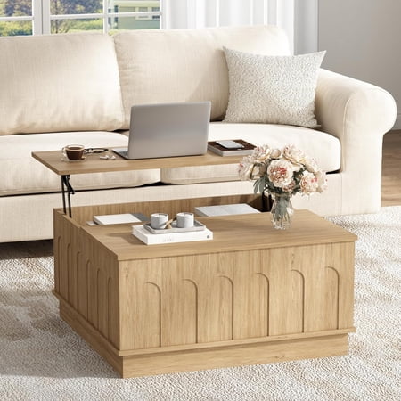 Lift Top Coffee Table with Storage, 2-in-1 Modern Farmhouse Cocktail Table with Arched Design and Thickened Base, 31.5" Square Center Table for Living Room, Office, Easy Assembly, Natural
