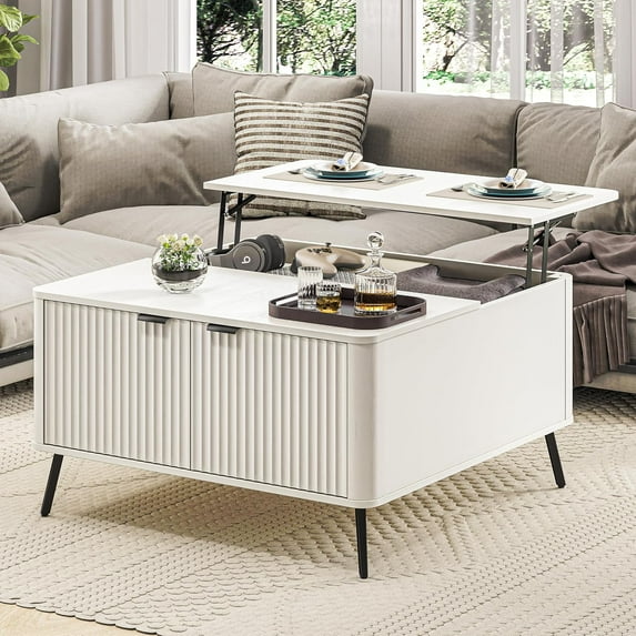 Lift Top Coffee Table with Storage, 35.4" Wide Square White Coffee Table with Large Hidden Compartment, Mid Century Modern Fluted Center Table for Home Living Room