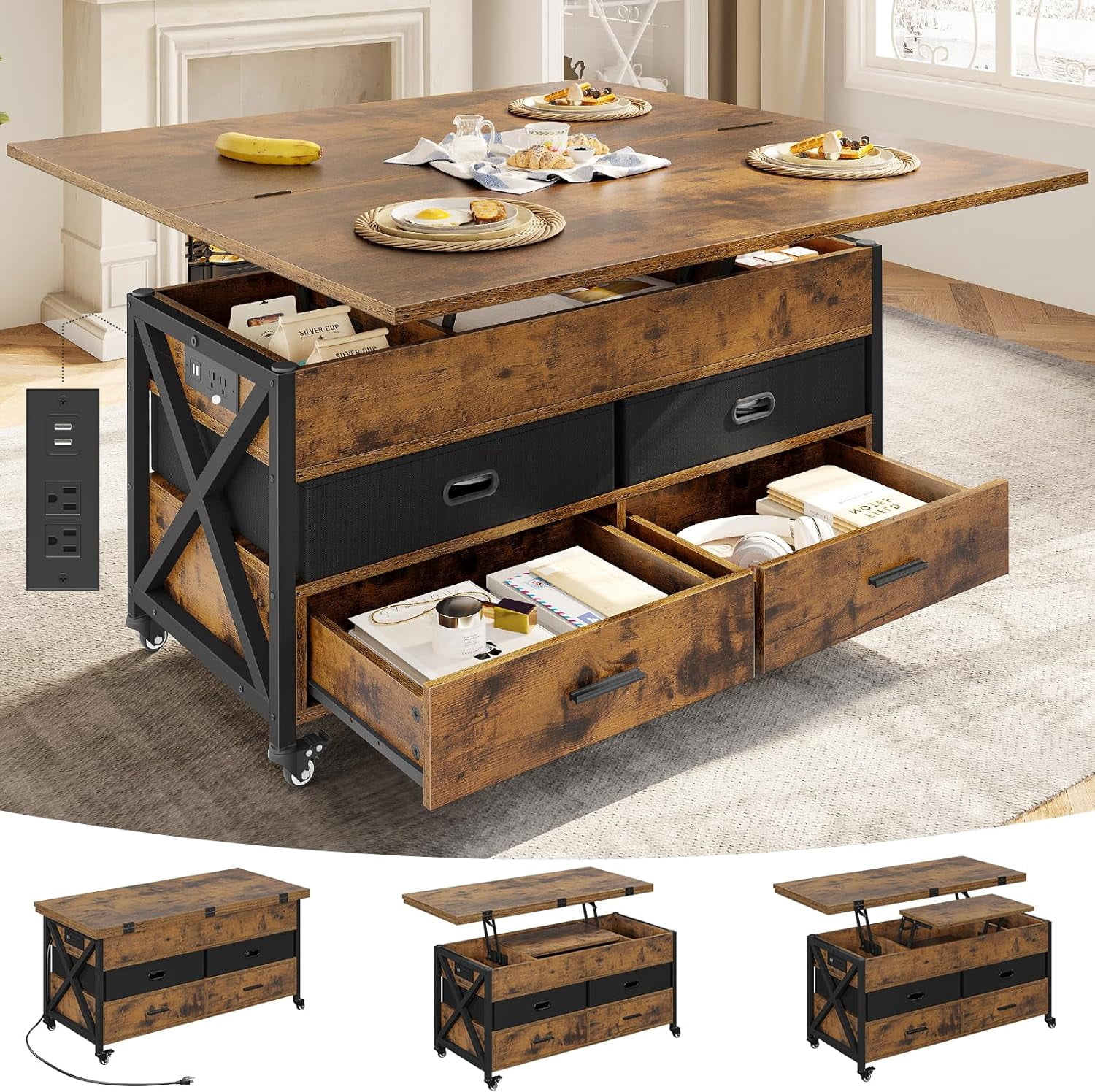 Lift Top Coffee Table with Storage, 4 in 1 Square Center Table with 4 ...