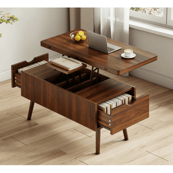 Lift Top Coffee Table with Storage Drawers & Hidden Compartment, Walnut Wood Fluted Coffee Table, Multi-Function Rising Center Table for Living Room, Small Space, Home Office