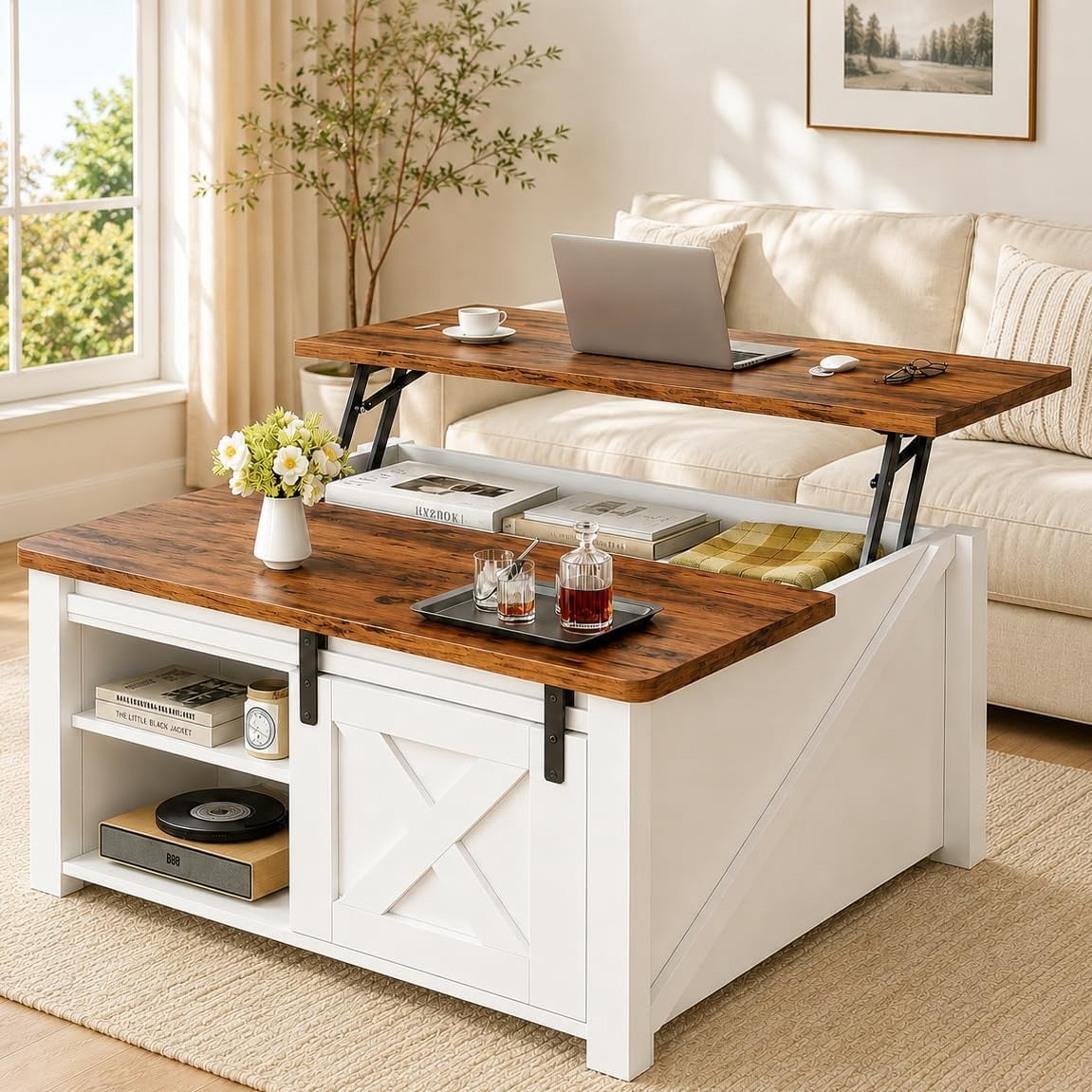 Lift Top Coffee Table with Storage, Farmhouse Coffee Table for Living Room, Coffee Table with Hidden Storage, Coffee Table with Lifting Top Center Table for Living Room