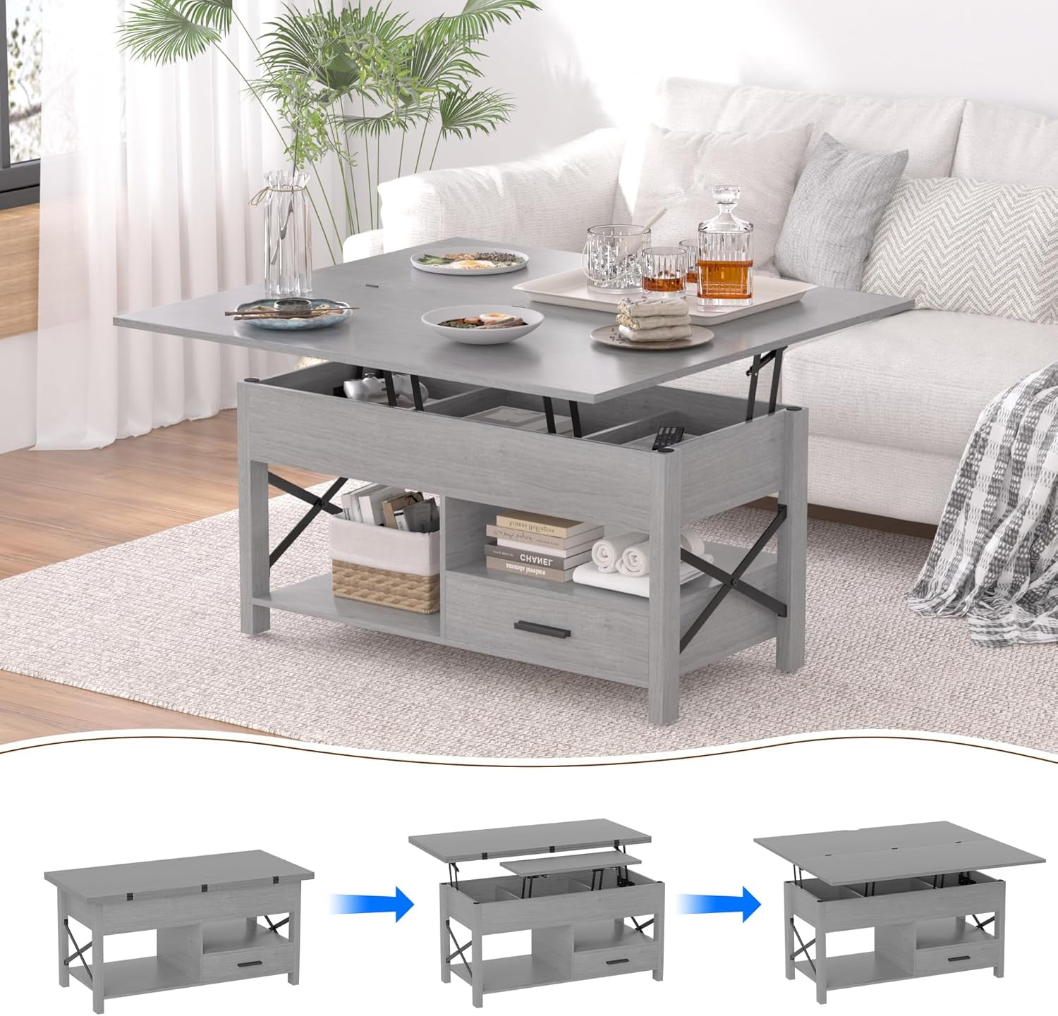 Lift Top Coffee Table with Storage, Grey Lift Top Coffee Table with ...