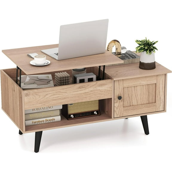 Lift Top Coffee Table with Storage, Natural Wood Flip Top Center Table, Hidden Compartment, Cabinet and Open Shelf, Multipurpose Pull Up Coffee Table for Living Room Home Office