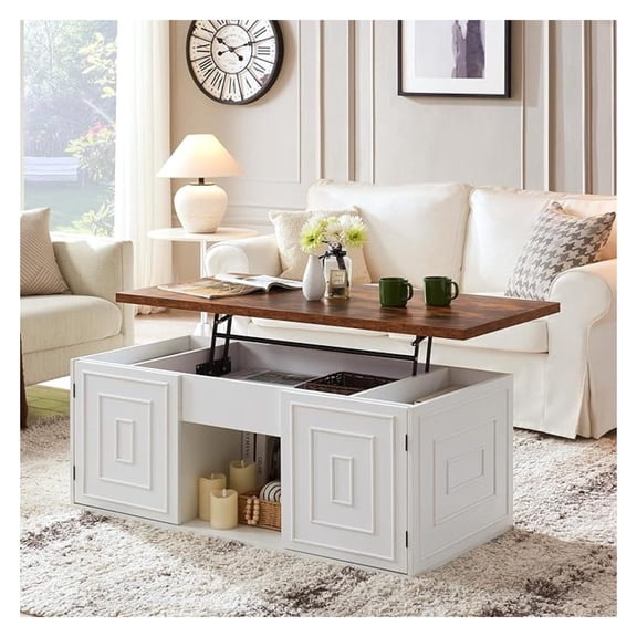 Lift Top Coffee Table with Storage, " Rustic Center Table with Storage Compartment and 2 Cabinet, White Coffee Table Converts to Dining Table for Living Room, Office