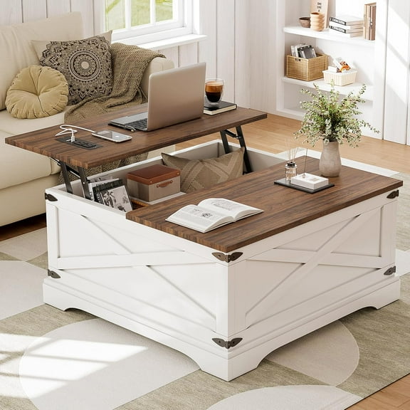 Lift Top Coffee Table with Storage, Square Coffee Table for Living Room with Charging Ports, Farmhouse Dining Table with Large Hidden Storage, White, 31.5"