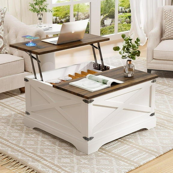 Lift Top Coffee Table with Storage, Square Coffee Table for Living Room with Wireless Charging, Farmhouse Coffee Table with Large Hidden Storage, White, 31.5"