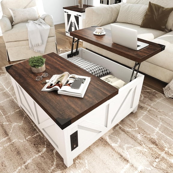 Lift Top Coffee Table with Storage, Wood Square Center Table with Charging Station&USB Port, Living Room Table w/Large Hidden Space, for Living Room, Bedroom, Home Office, White