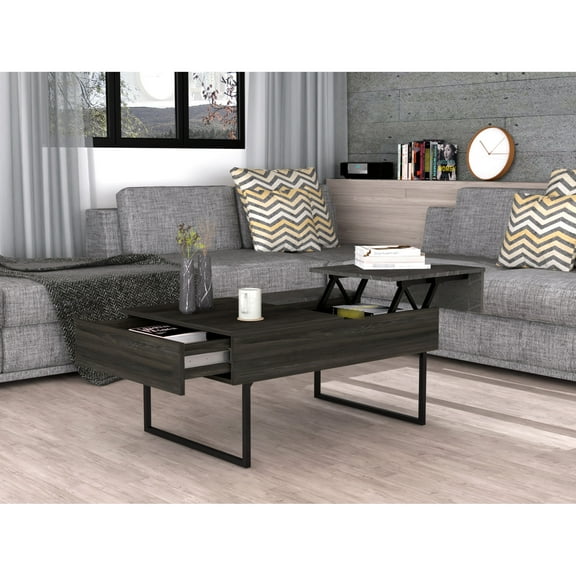 Lift Top Coffee Table In Style, Concealed Storage & Drawer, Extensive Surface, Woody Feature, 4 Metal Legs Table, Drawer With Concealment, Spacious Nuance, Robust Metallic