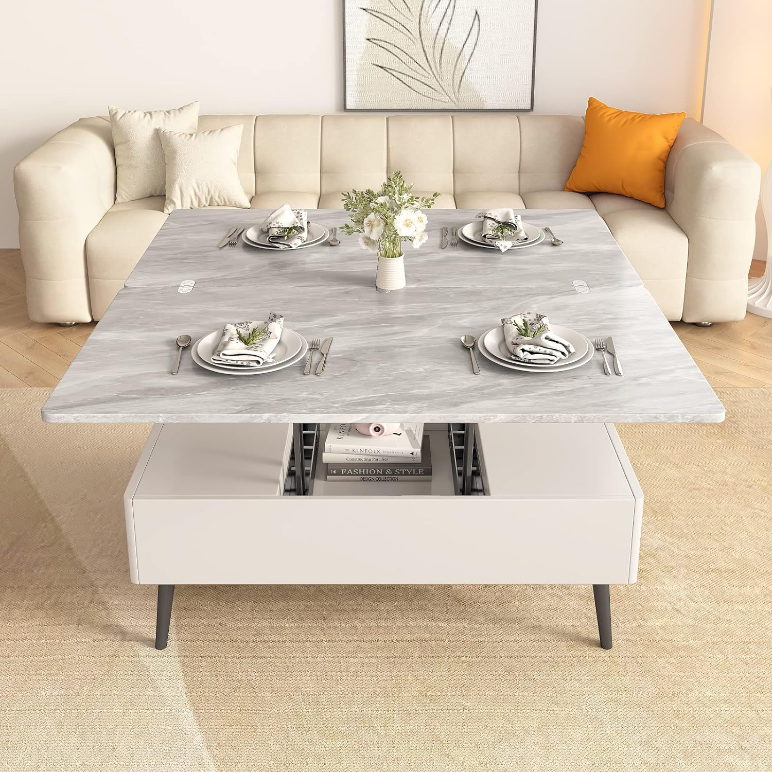 Lift Top Coffee Table, White Coffee Table Converts To Dining Table, Lift Up End Table With