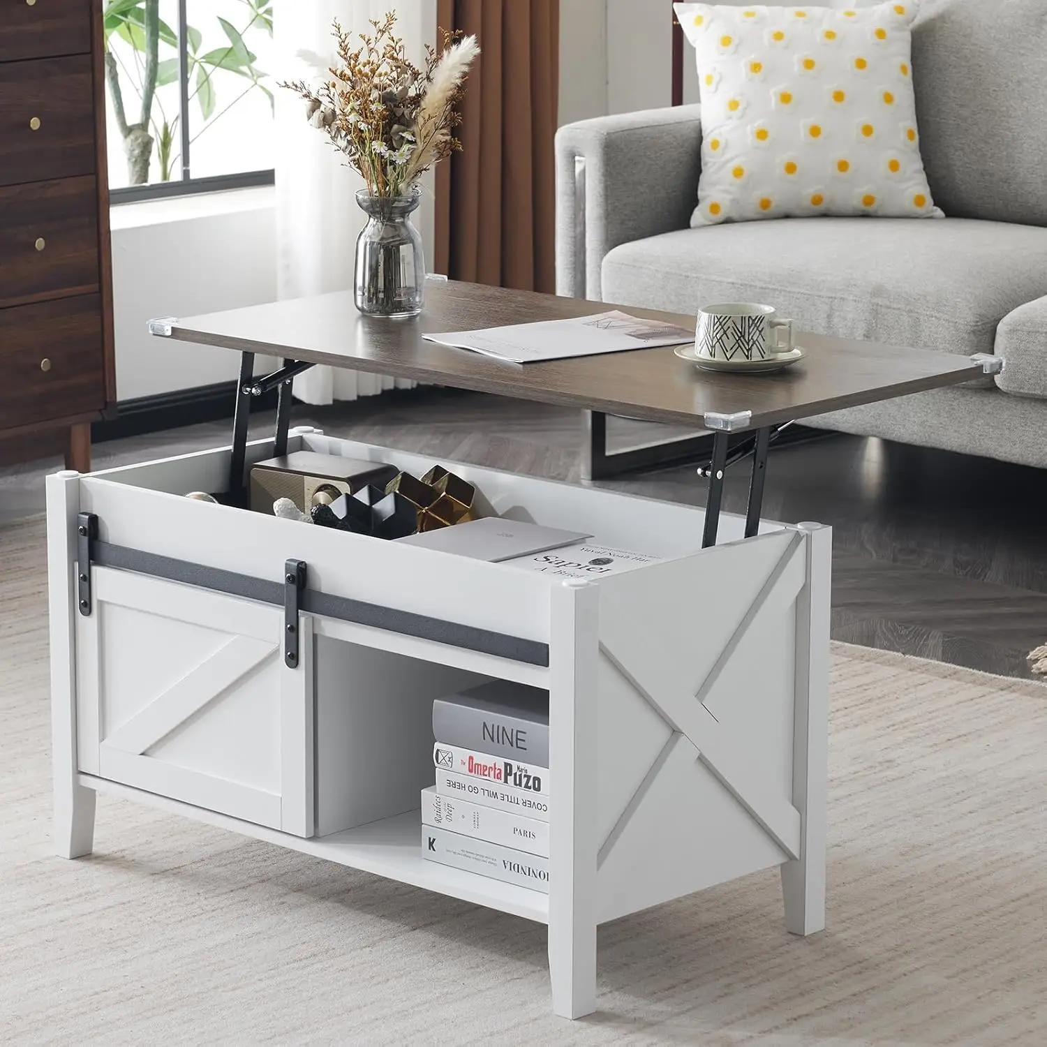 Lift Top Coffee Table, White, with Storage Shelf/Hidden Compartment ...