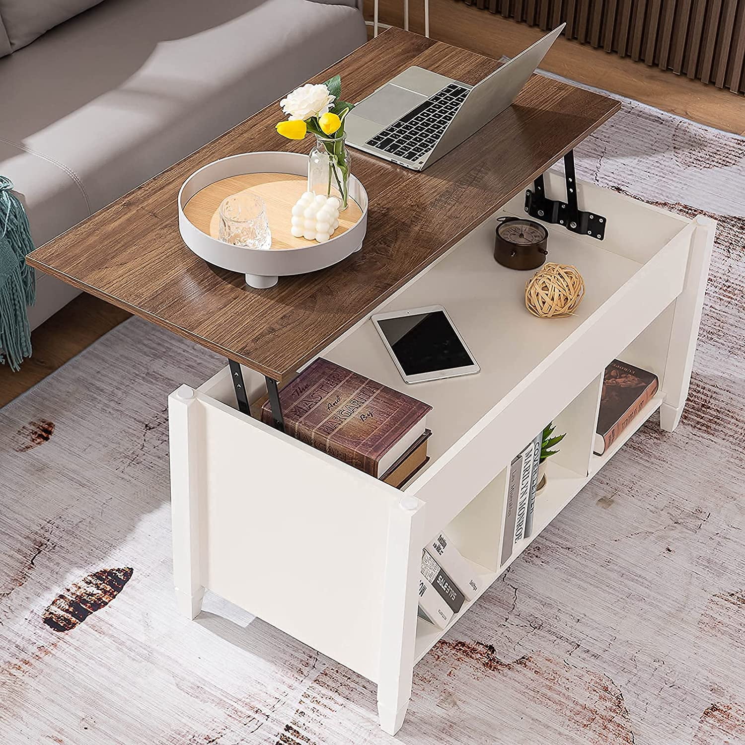 Lift Top Coffee Table, White, with Storage Shelf/Hidden Compartment ...