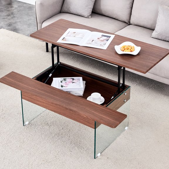 Lift Top Coffee Table With Dark Wood Grain Surface, Tempered Glass Legs And Convenient Storage Space Texture, Clear