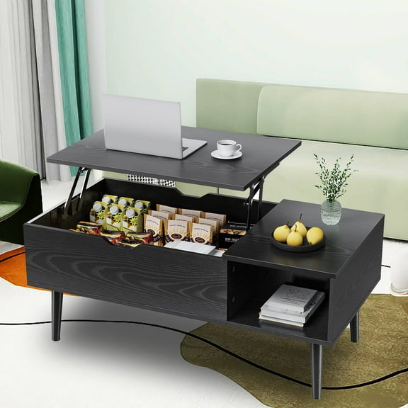 Lift Top Coffee Table ，Wooden Furniture with Hidden Compartment and Adjustable Storage-Black