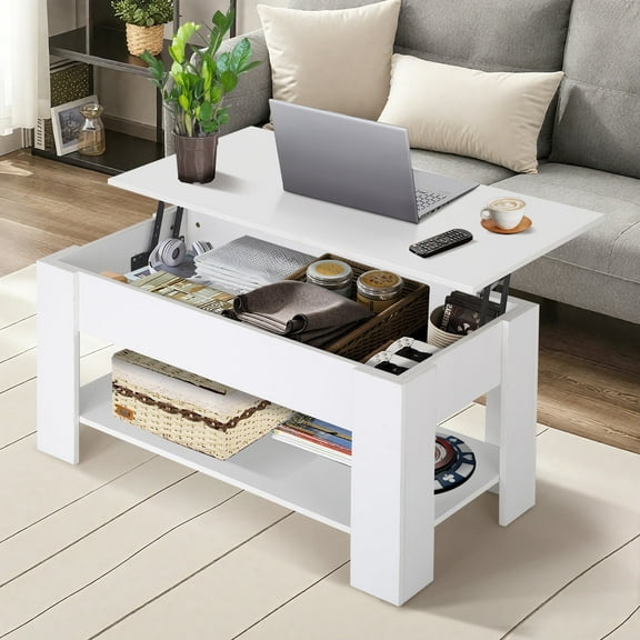 Lift Top Coffee Table for Living Room, 39 Inch Wooden Table Adjustable Table For Home Office, White
