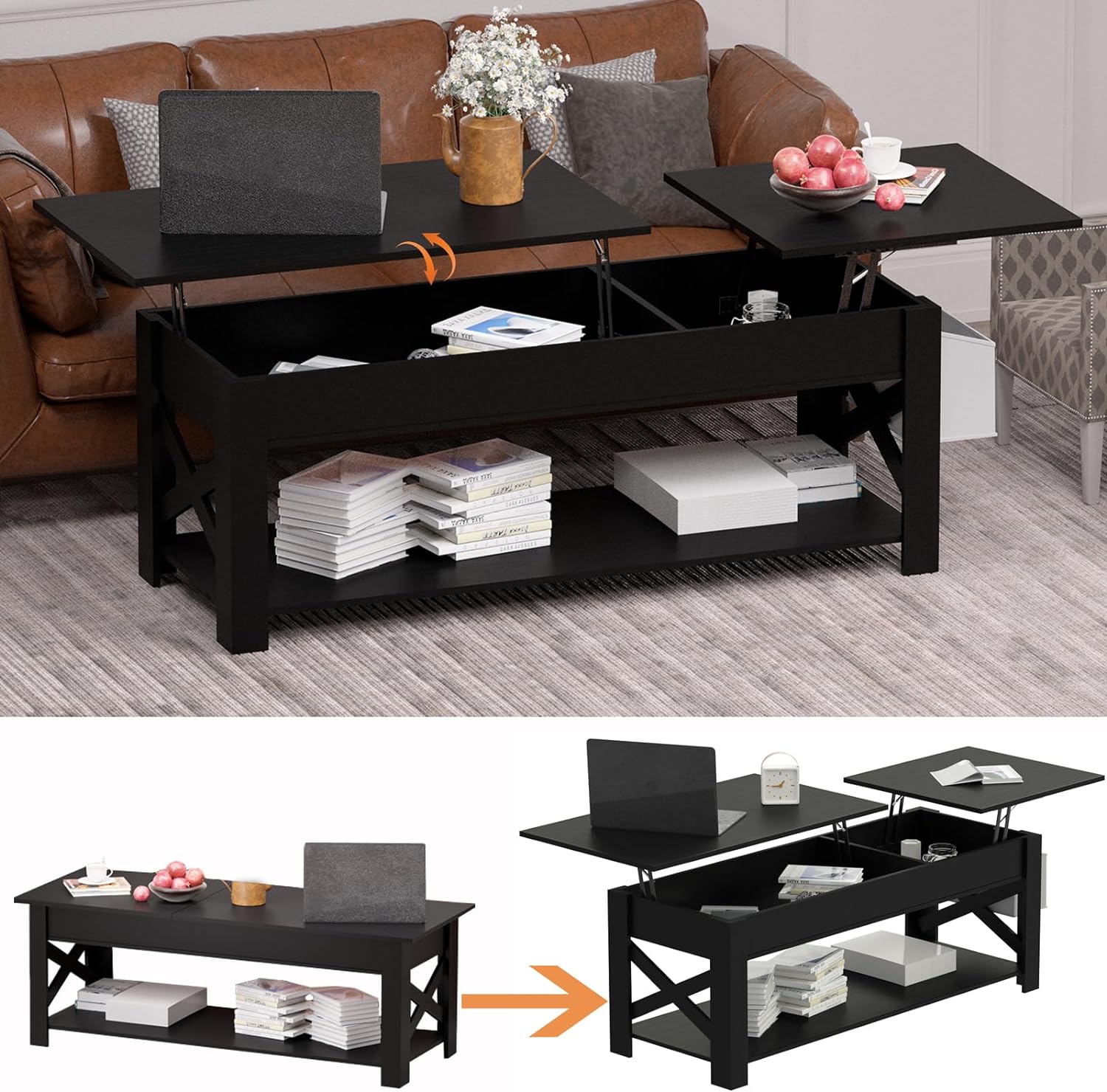 Lift Compartment Lift Top Coffee Table for Living Room, Wooden Lift Coffee Table with ...