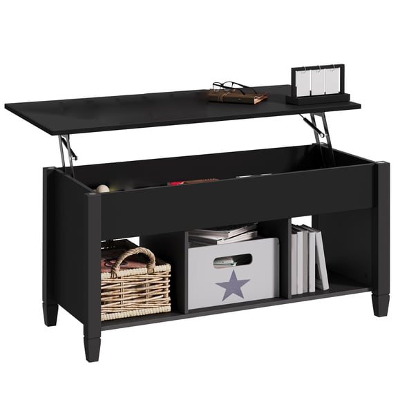 Lift Top Coffee Table w/Hidden Storage Compartment & Lower 3 Cube Shelves, Lift Tabletop Center Tables for Living Room, Reception Room, Office, Black
