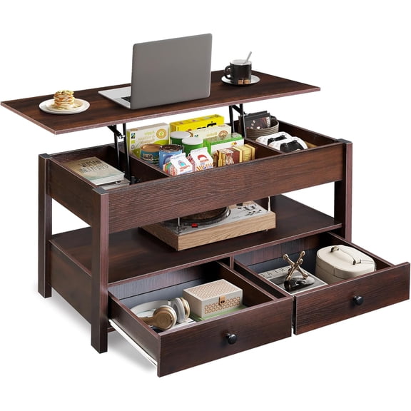 Lift Top Coffee Table with 2 Drawers & Large Hidden Storage, Espresso Convertible Dining Table