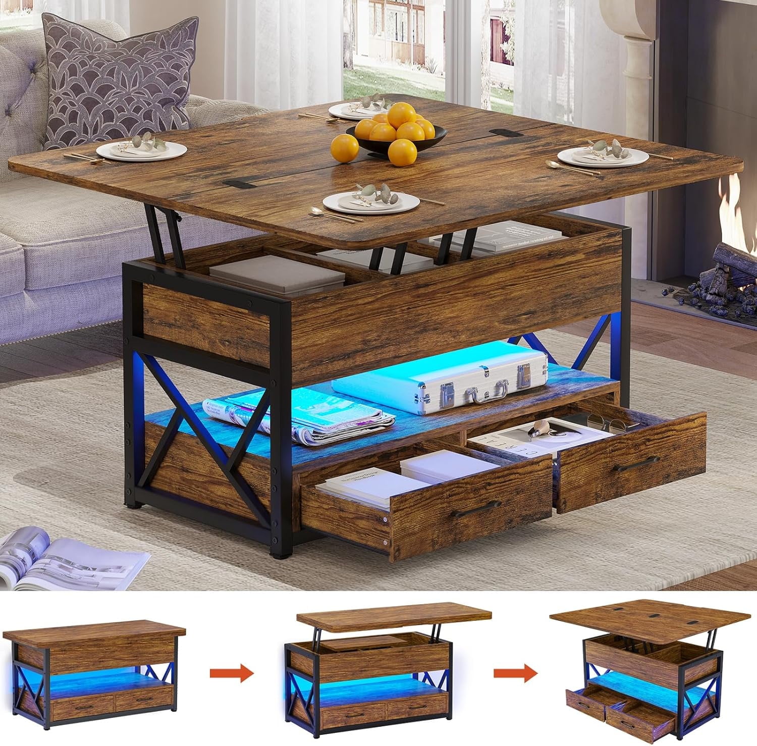 Rustic Brown Lift-Top Coffee Table with Storage and LED Lights