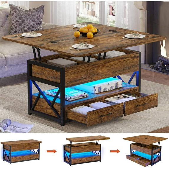 Lift Top Coffee Table with 2 Drawers and LED Lights, 4 in 1 Coffee Tables with Storage for Living Room, Rustic Brown