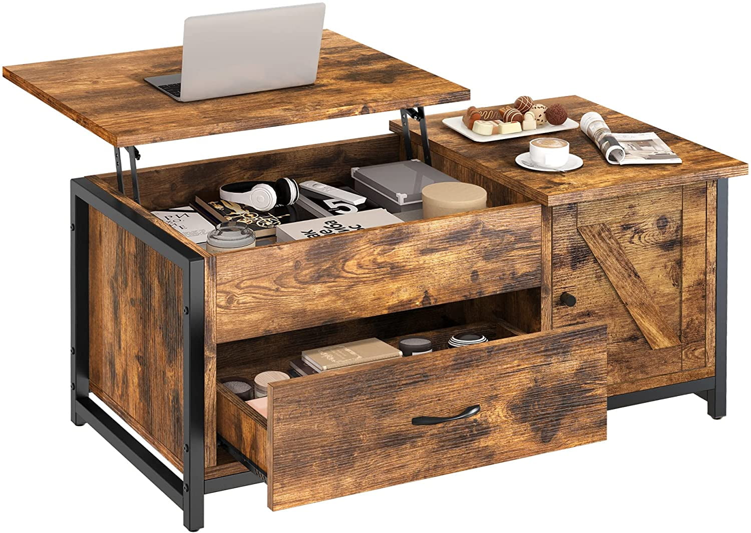 Lift Top Coffee Table with 2 Storage Drawer Hidden Compartment Open