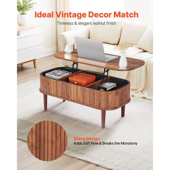 Lift Top Coffee Table with 3 Hidden Compartments, Oval Wooden Center Table with Storage, Mid Century Style for Living Room and Home Office, 39.4 in