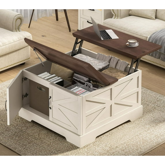 Lift Top Coffee Table with 50 Gallons Storage, Farmhouse Square Coffee Table with Lifting Top and Barn Door for Living Room, Home Office, Brown