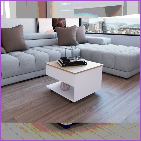 Lift Top Coffee Table with Concealed Storage, Locking Casters & Open Shelf - White/Light Oak for Living Room