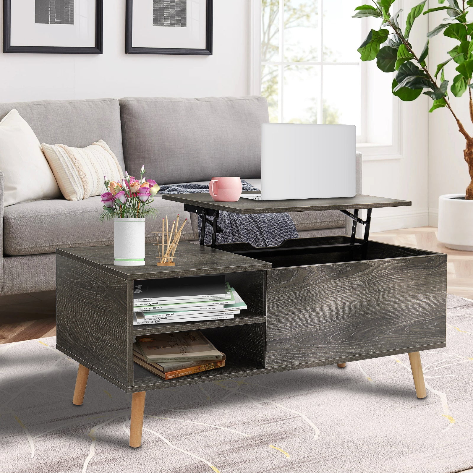 Lift Top Coffee Table with Concealed Storage, Side Drawer, and
