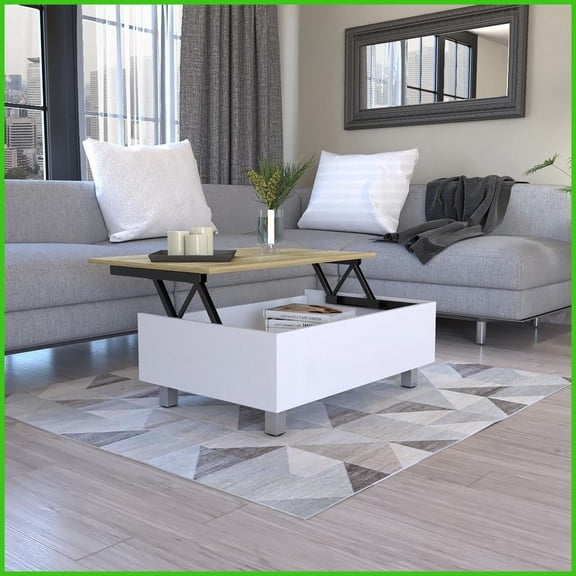 Lift-Top Coffee Table with Concealed Storage - White/Light Oak Manufactured Wood, Locking Wheels & 31.5 Spacious Surface