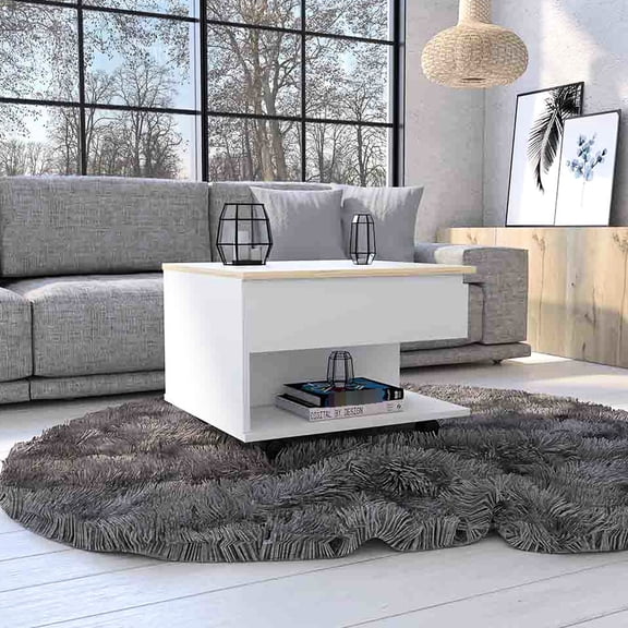 Lift Top Coffee Table with Concealed Storage White Light Oak for Cozy Living Room