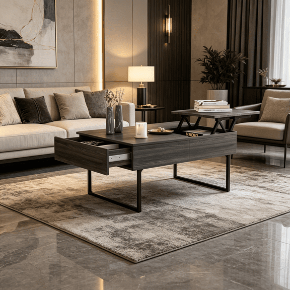 Lift Top Coffee Table with Drawer, Espresso/Onyx, for Living Room with Metal Legs