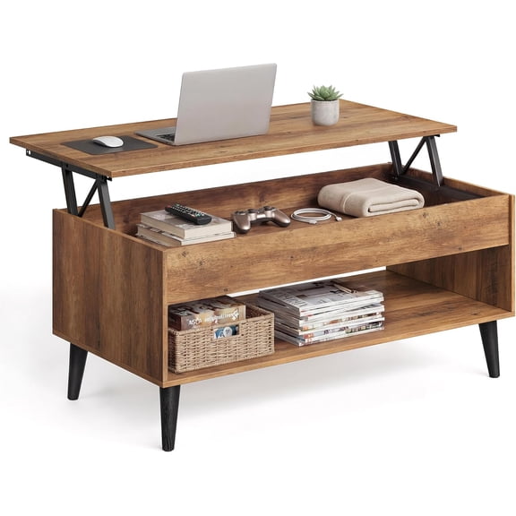 Lift Top Coffee Table with Gas Spring Mechanism, Hidden Storage Compartment and Open Shelf, Honey Brown Finish for Living Room or Home Office