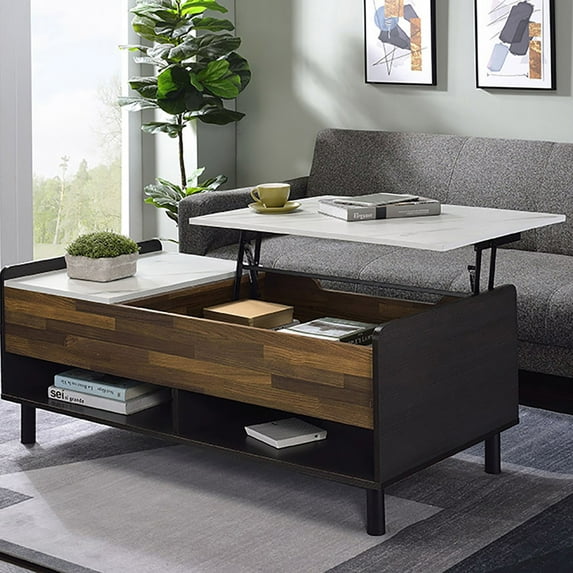 Lift-Top Coffee Table with Hidden Compartment and Drawer - White & Walnut