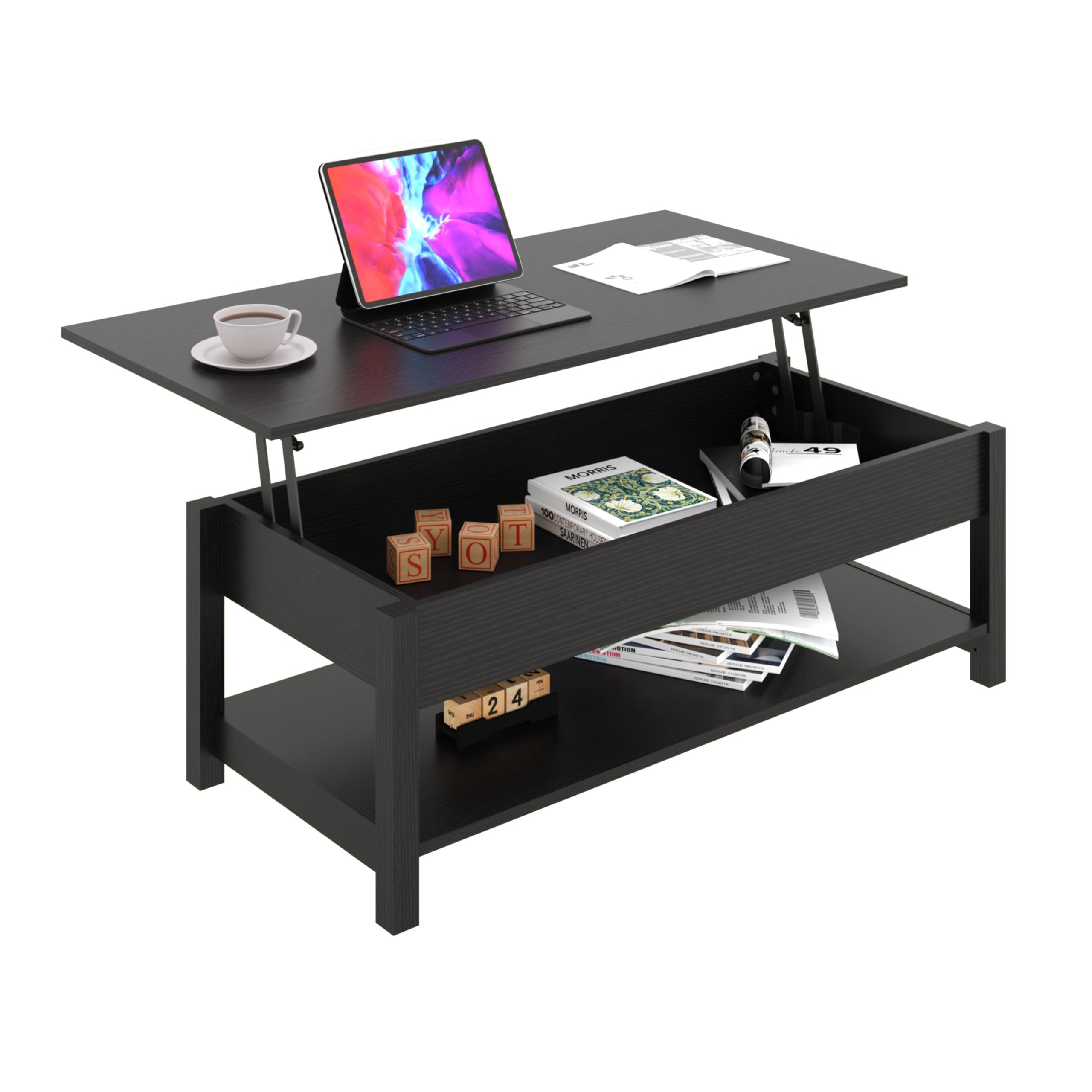 Lift Compartment Lift Top Coffee Table with Hidden Compartment and Open Shelf, Lift ...
