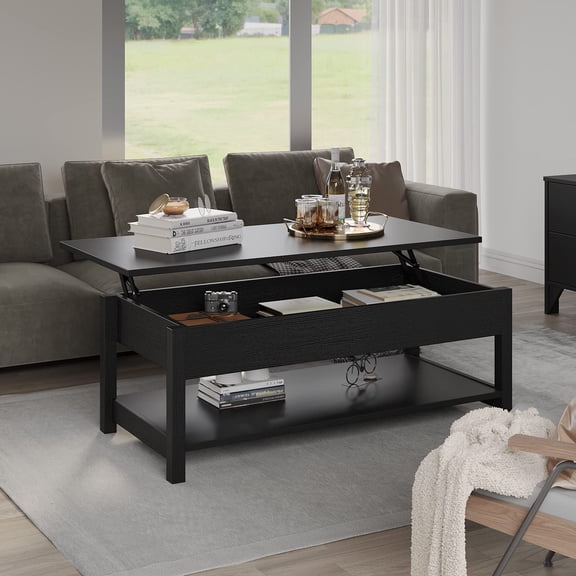Lift Top Coffee Table with Hidden Compartment and Open Shelf, Pop-Up Tea Table for Living Room, 45.28" L, Black