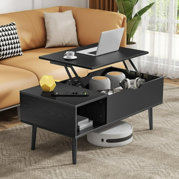Lift Top Coffee Table with Hidden Compartment and Storage Shelf - Modern Wooden Center Table for Living Room, Small Rising Dining Table, Black