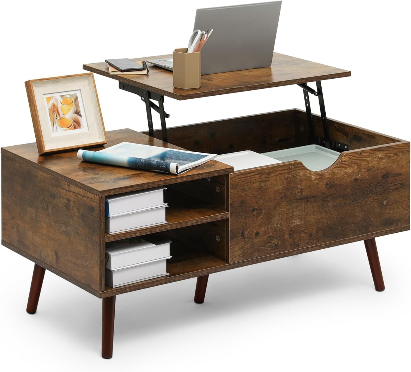 New! Lift-top Split Coffee Table With Hidden Storage Compartments, Side Drawer, Rustic Brown