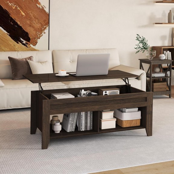 Lift Top Coffee Table with Hidden Storage & 2 Shelves, Rising Pop Up Center Table for Living Room, 47.5 Inch Espresso
