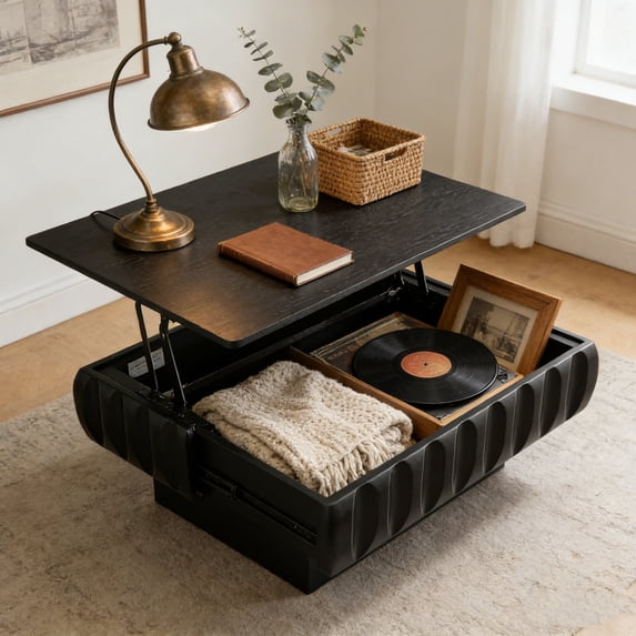 Lift Top Coffee Table with Hidden Storage, 31 inch Solid Wood Fluted Design for Small Space Living Room, Black
