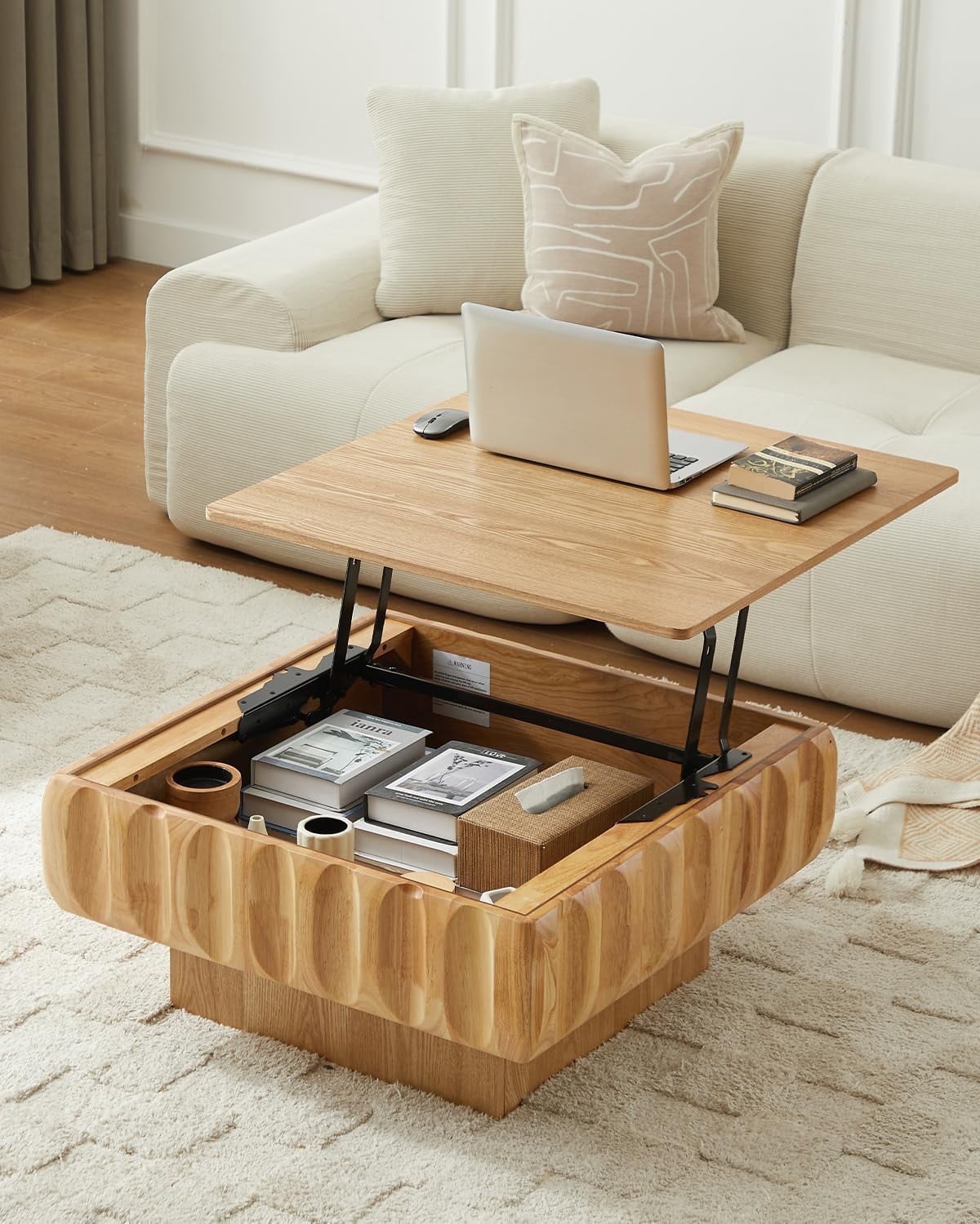 Lift Top Coffee Table with Hidden Storage, 31 inch Solid Wood Fluted Design for Small Space Living Room, Natural